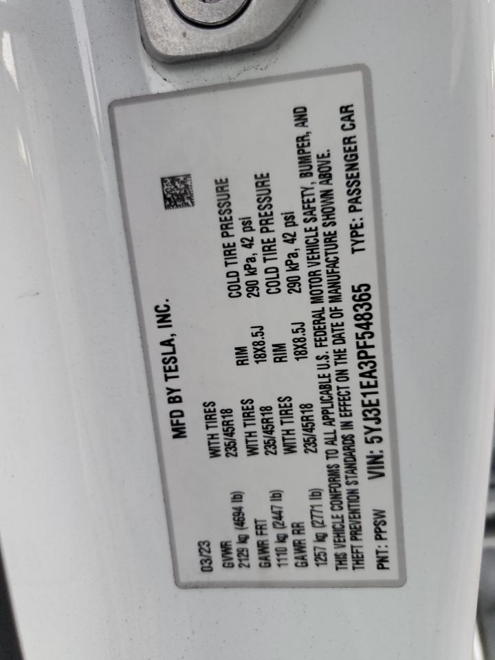 2023 Tesla Model 3 VIN: 5YJ3E1EA3PF548365 Lot: 92117555