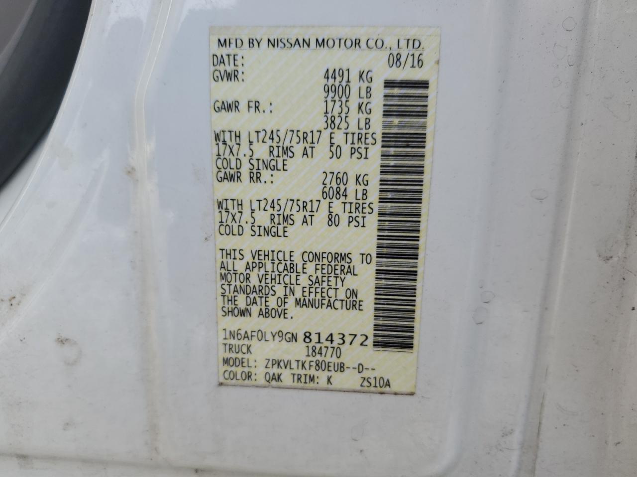 2016 Nissan Nv 2500 Delivery Van VIN: 1N6AF0LY9GN814372 Lot: 91392925