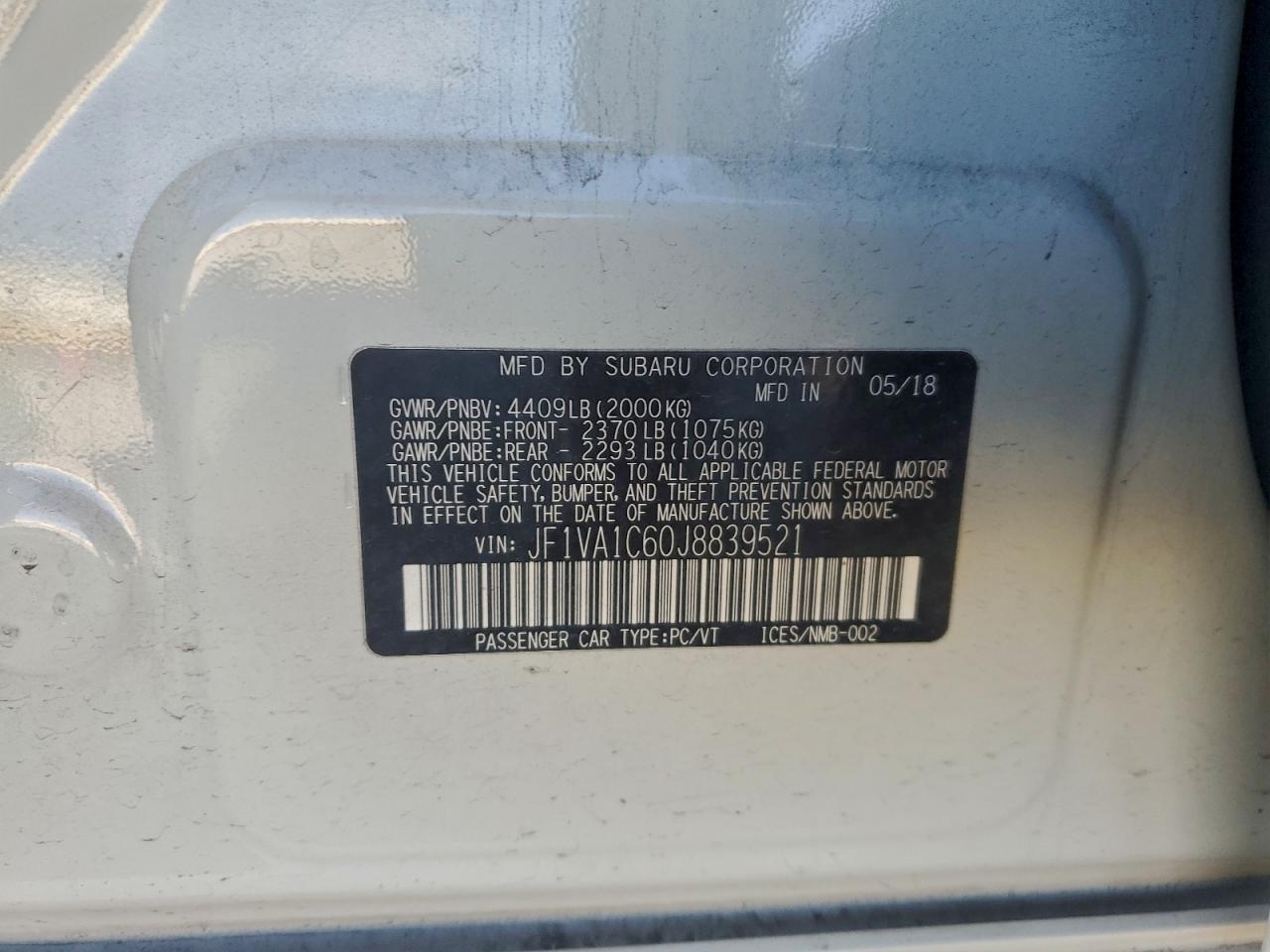 2018 Subaru Wrx Premium VIN: JF1VA1C60J8839521 Lot: 94074835