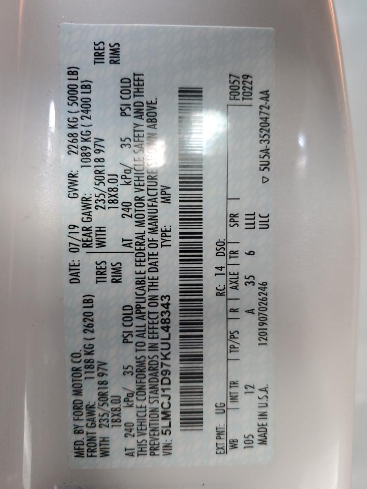 2019 Lincoln Mkc VIN: 5LMCJ1D97KUL48343 Lot: 92047705