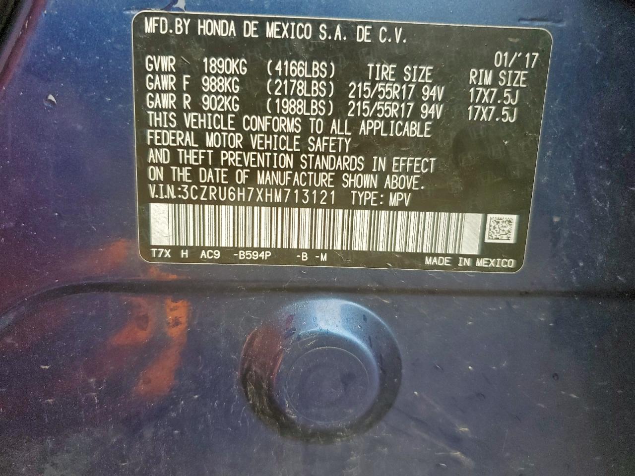2017 Honda Hr-V Exl VIN: 3CZRU6H7XHM713121 Lot: 94280405