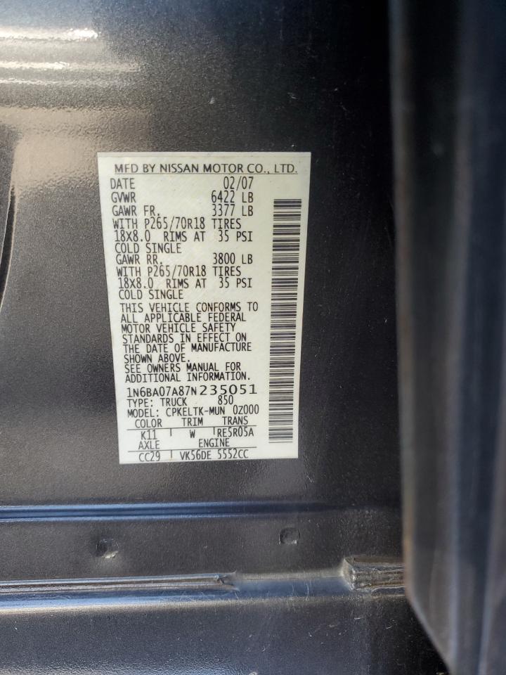 2007 Nissan Titan Xe VIN: 1N6BA07A87N235051 Lot: 91443785
