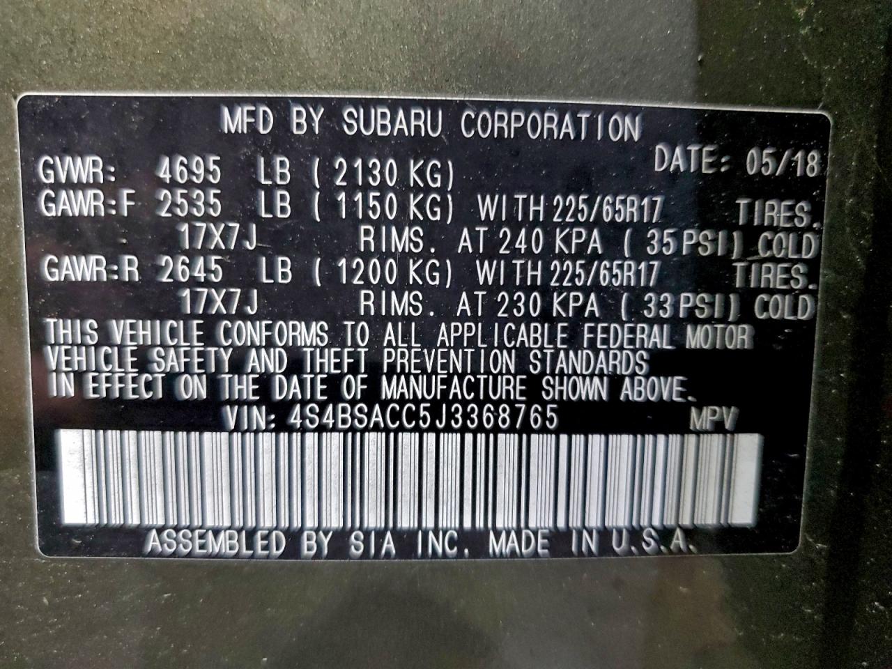 2018 Subaru Outback 2.5I Premium VIN: 4S4BSACC5J3368765 Lot: 93479385