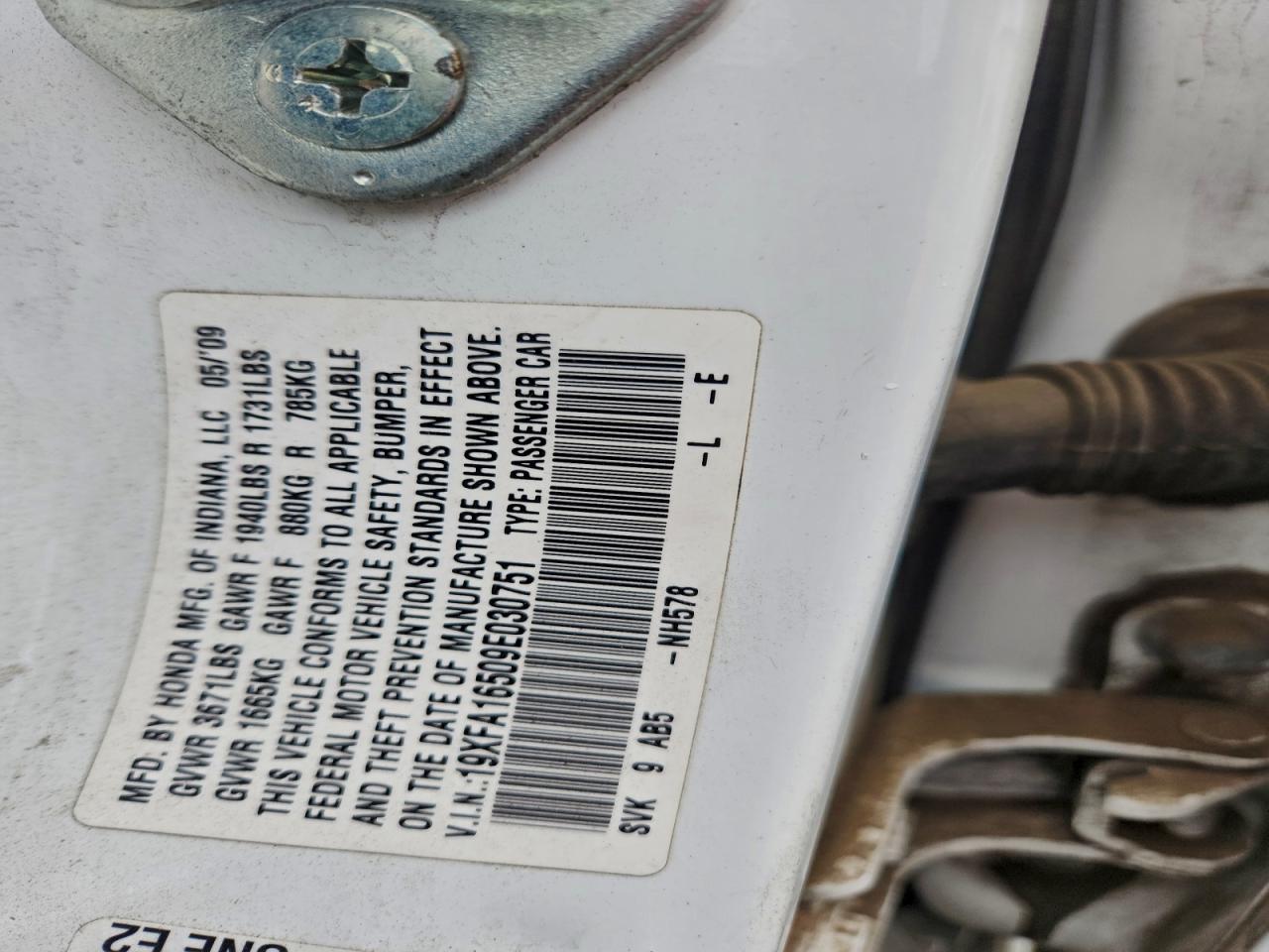 2009 Honda Civic Lx VIN: 19XFA16509E030751 Lot: 93654245