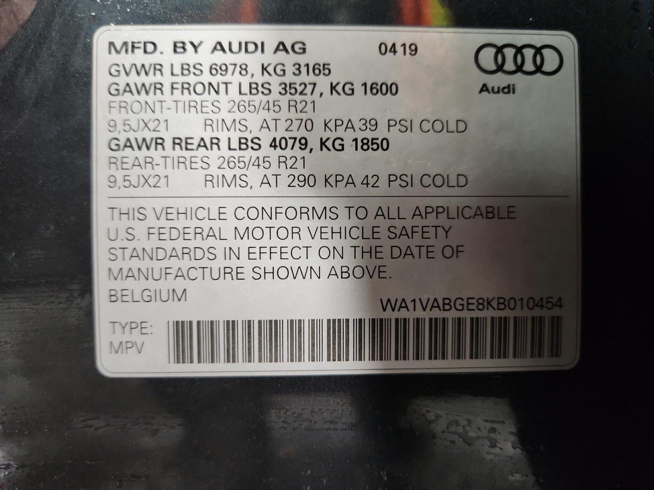 2019 Audi E-Tron Prestige VIN: WA1VABGE8KB010454 Lot: 93318855