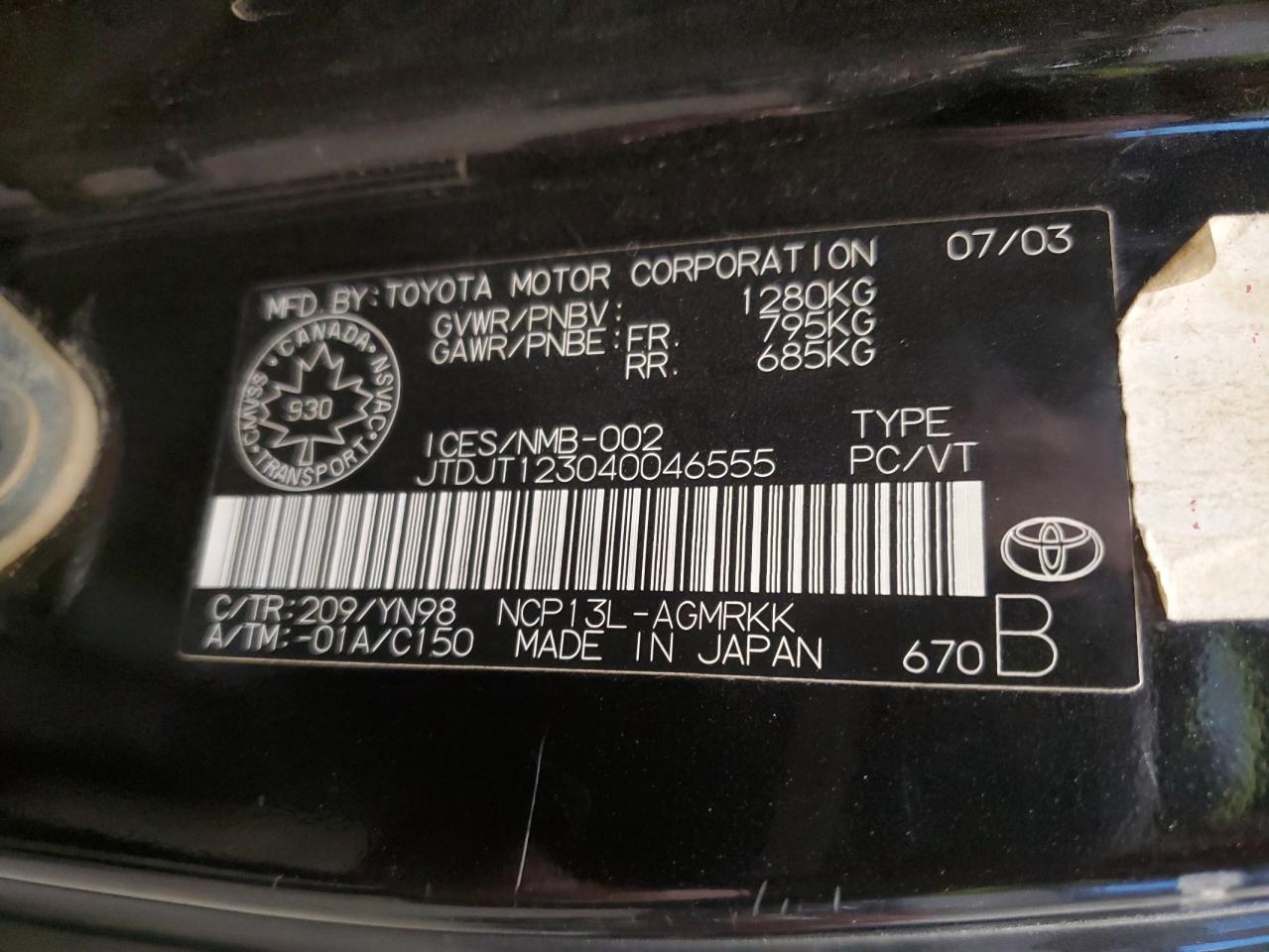 2004 Toyota Echo VIN: JTDJT123040046555 Lot: 92642235