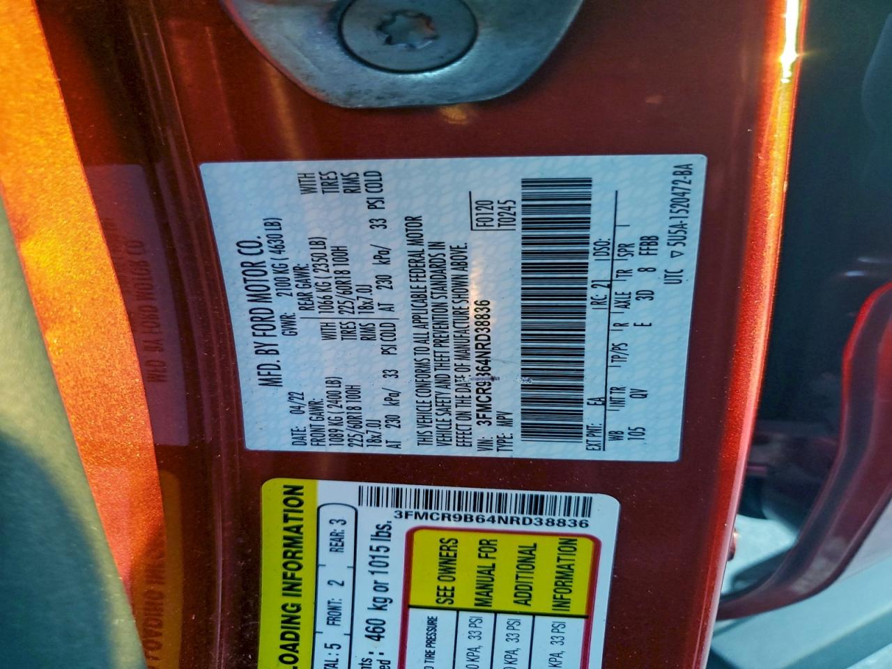 2022 Ford Bronco Sport Big Bend VIN: 3FMCR9B64NRD38836 Lot: 93808265