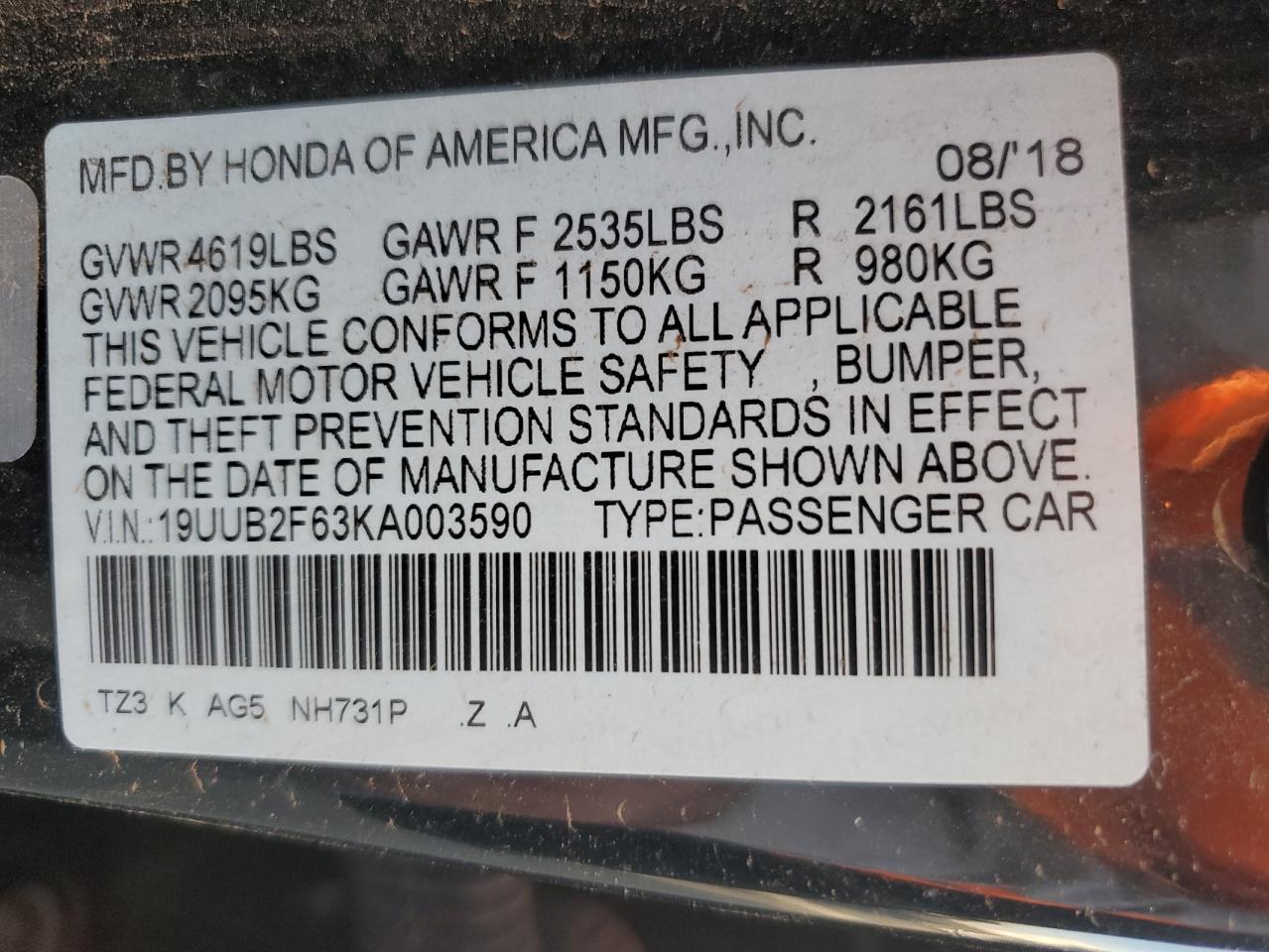 2019 Acura Tlx Technology VIN: 19UUB2F63KA003590 Lot: 92050285