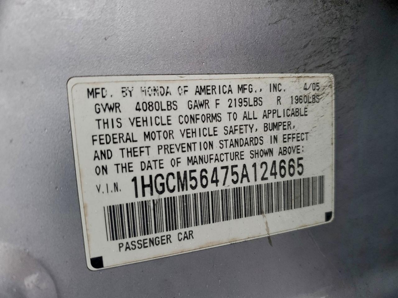 2005 Honda Accord Lx VIN: 1HGCM56475A124665 Lot: 94532265