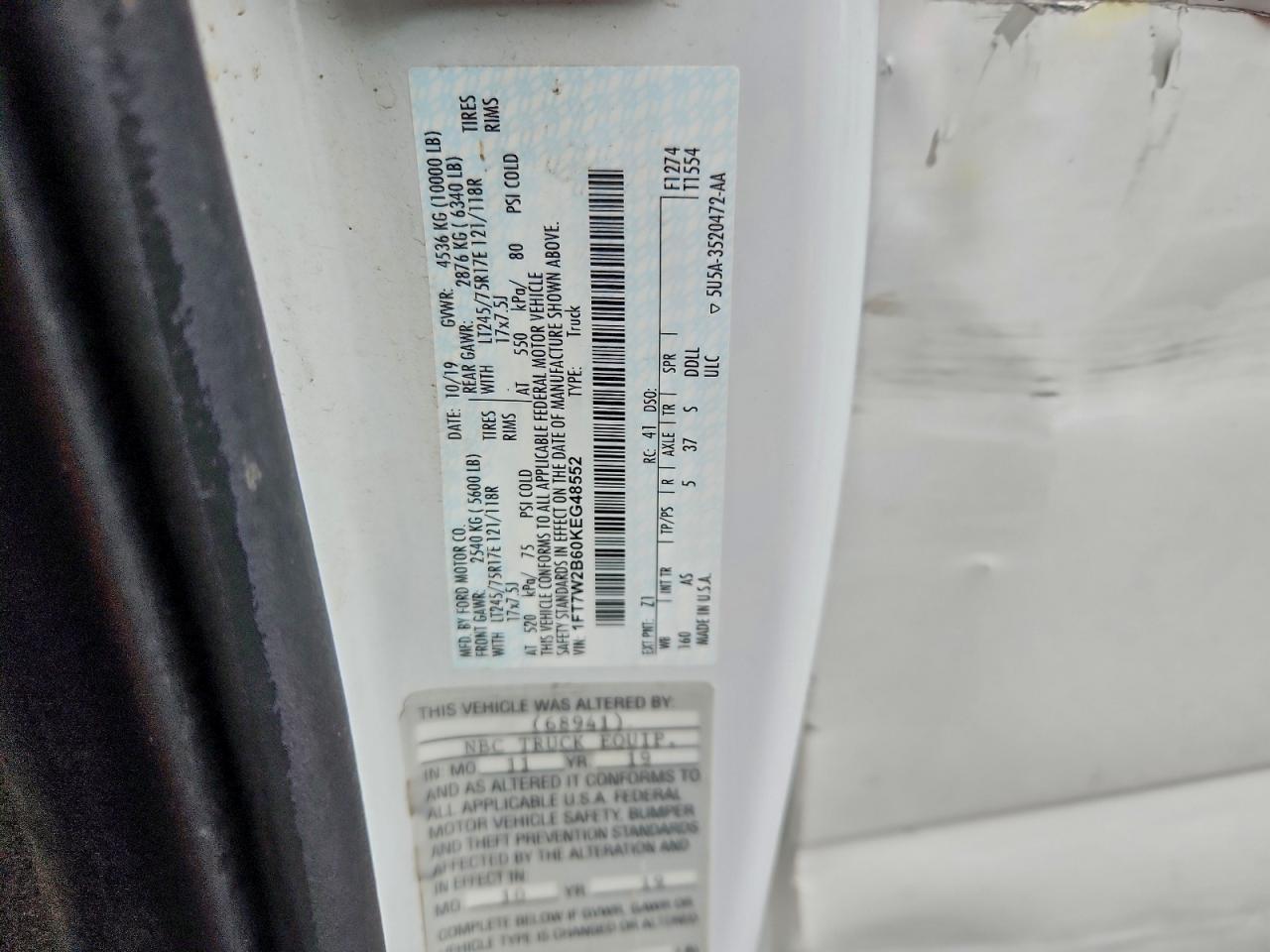 2019 Ford F250 Super Duty VIN: 1FT7W2B60KEG48552 Lot: 94120025