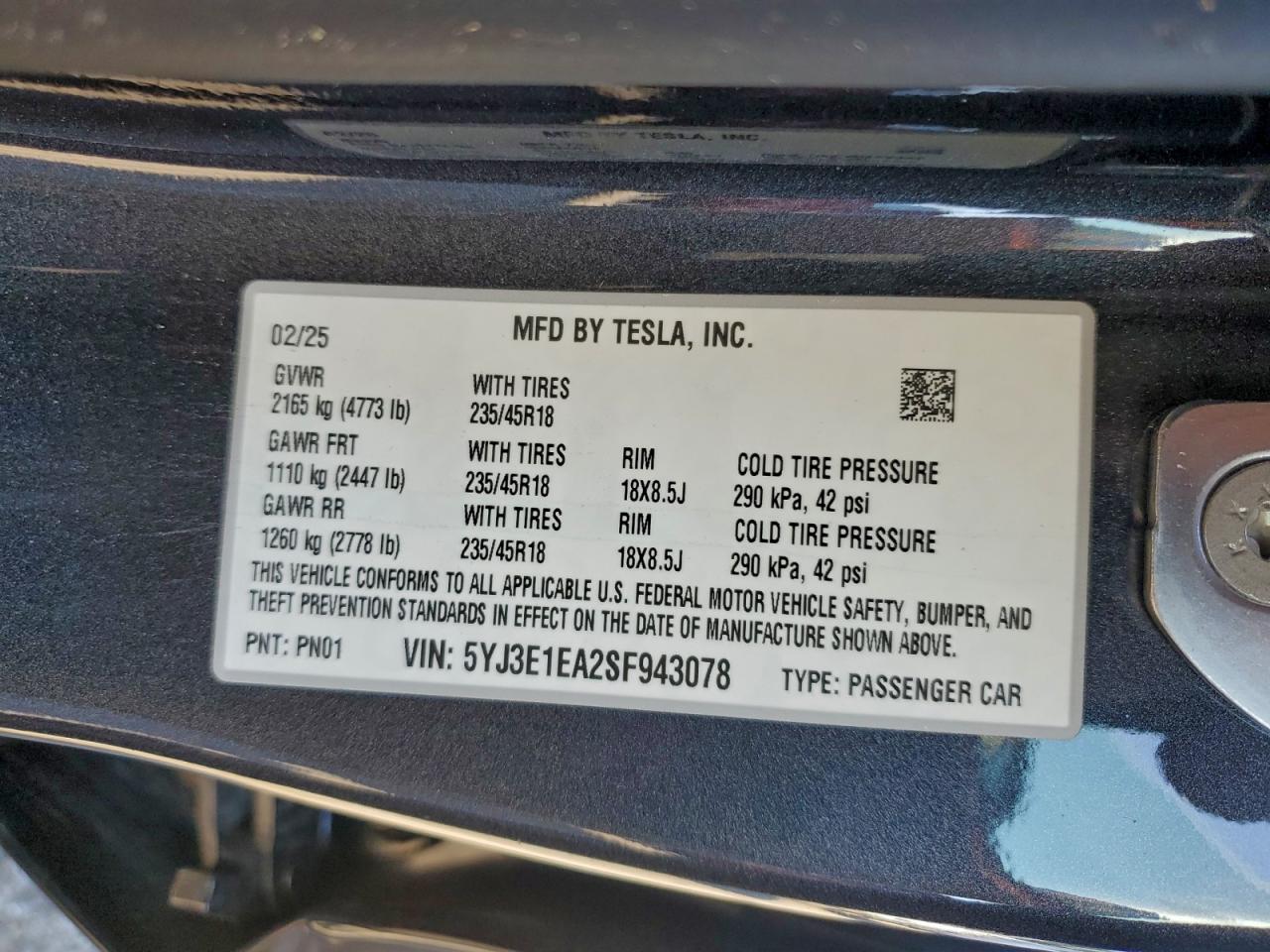 2025 Tesla Model 3 VIN: 5YJ3E1EA2SF943078 Lot: 93844785