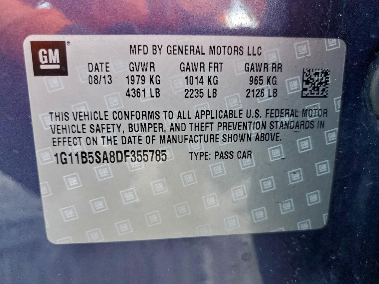 2013 Chevrolet Malibu Ls VIN: 1G11B5SA8DF355785 Lot: 94510685