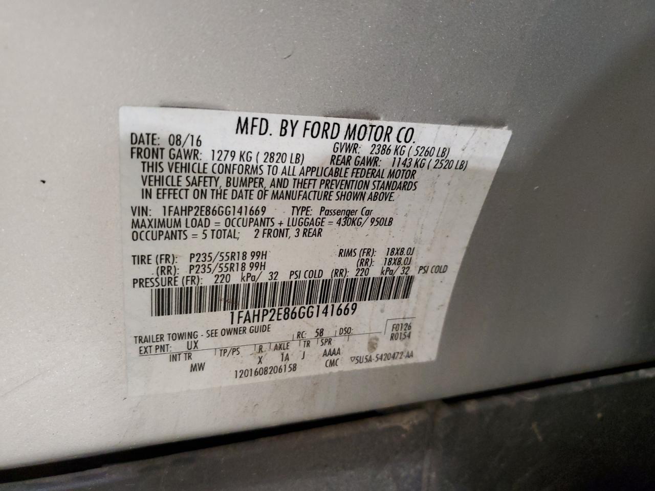 2016 Ford Taurus Sel VIN: 1FAHP2E86GG141669 Lot: 92491905