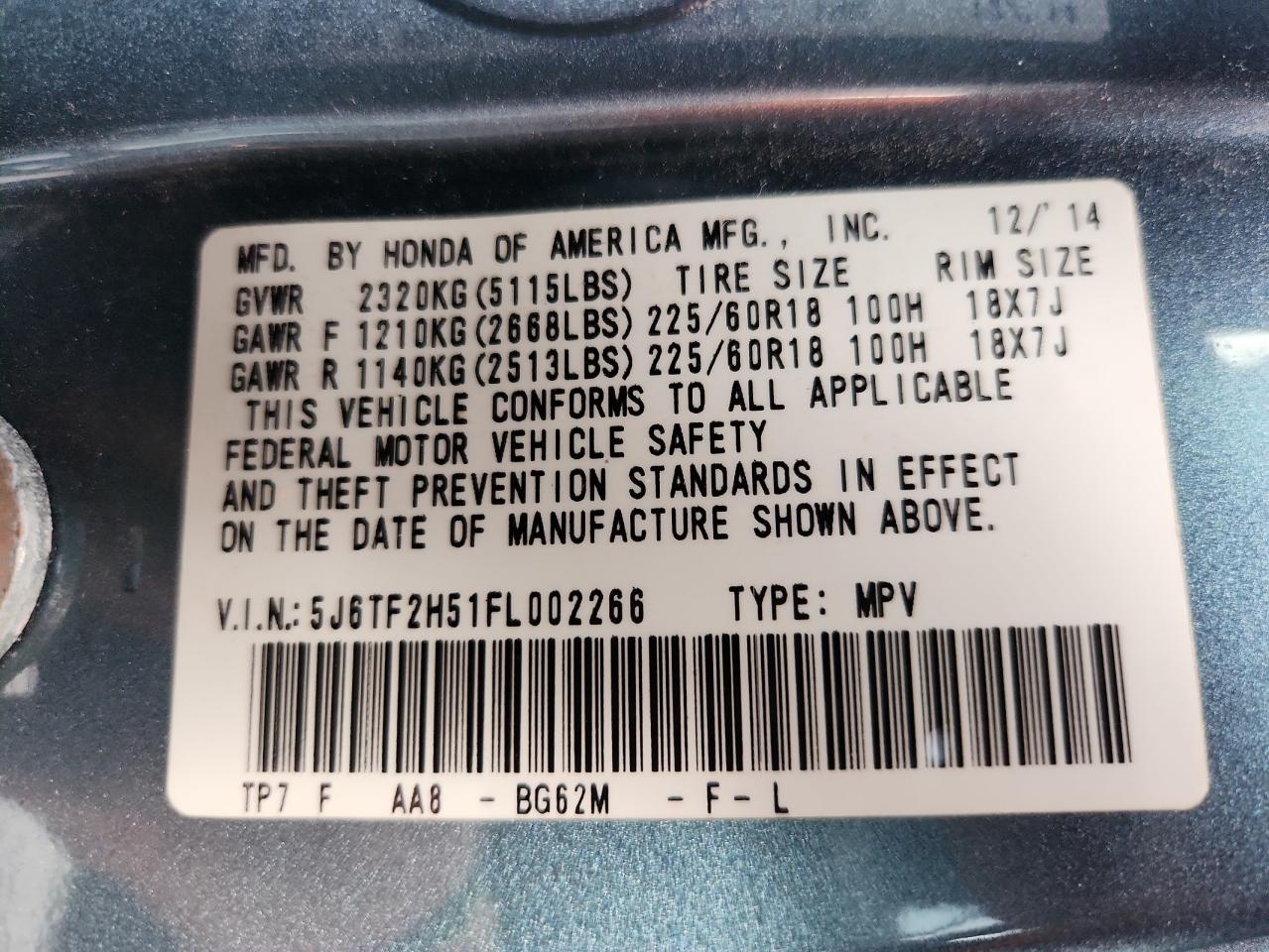 2015 Honda Crosstour Exl VIN: 5J6TF2H51FL002266 Lot: 92082345