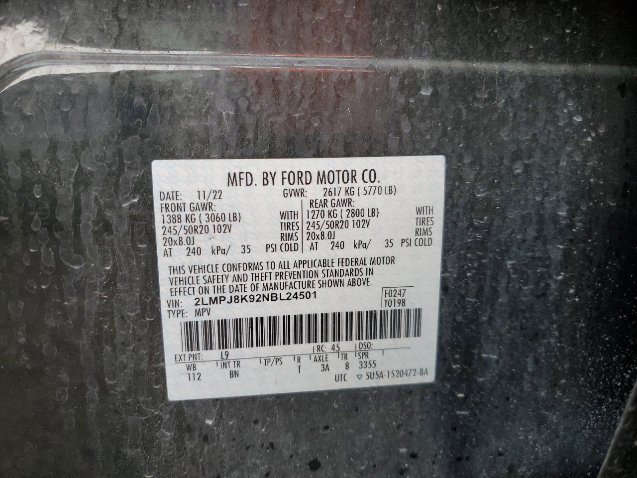 2022 Lincoln Nautilus Reserve VIN: 2LMPJ8K92NBL24501 Lot: 92267265