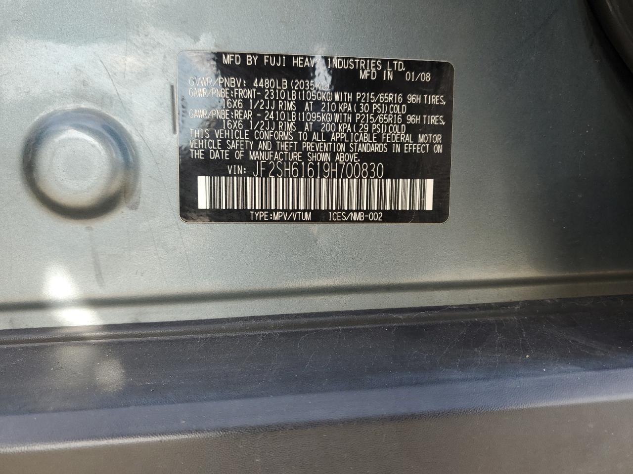 2009 Subaru Forester 2.5X VIN: JF2SH61619H700830 Lot: 92598505