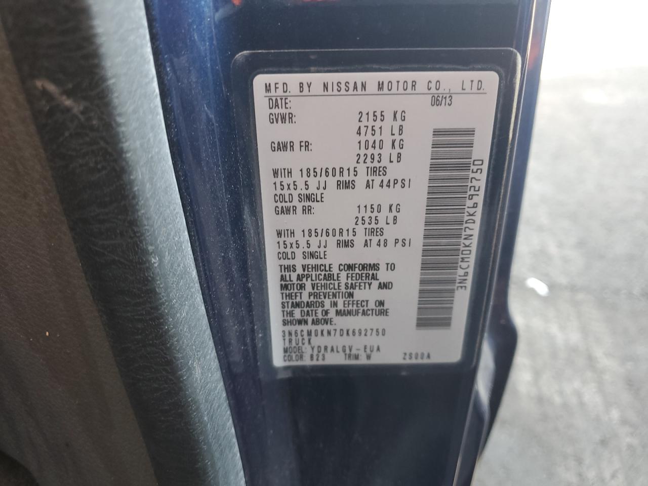 2013 Nissan Nv200 Delivery Van VIN: 3N6CM0KN7DK692750 Lot: 93483225