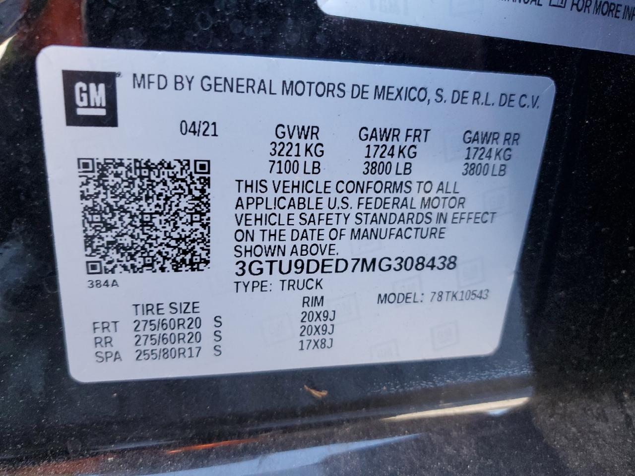 2021 GMC Sierra K1500 Slt VIN: 3GTU9DED7MG308438 Lot: 92305545