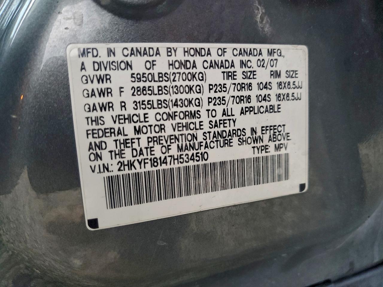 2007 Honda Pilot Lx VIN: 2HKYF18147H534510 Lot: 94306695