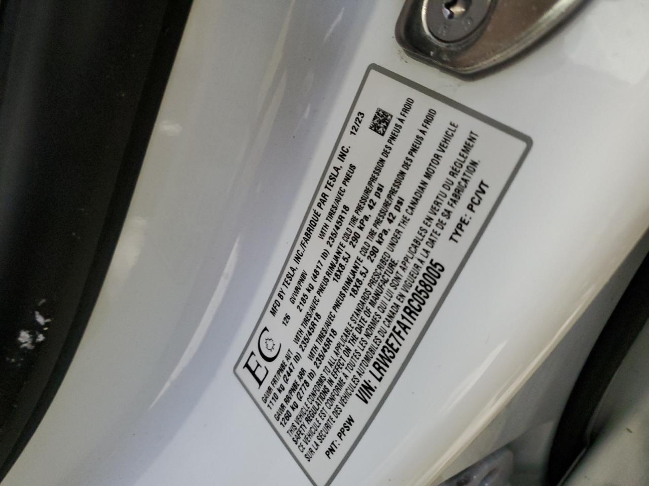 2024 Tesla Model 3 VIN: LRW3E7FA1RC058005 Lot: 91372505