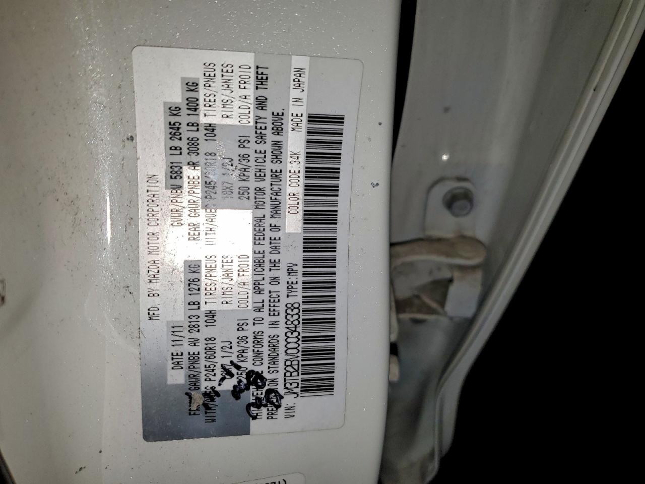 2012 Mazda Cx-9 VIN: JM3TB2BV0C0348338 Lot: 93728865