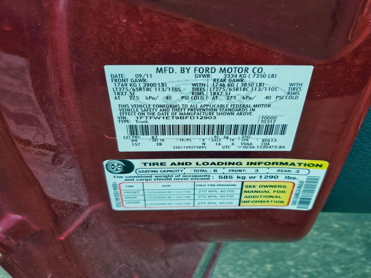 2011 Ford F150 Supercrew VIN: 1FTFW1ET9BFD12903 Lot: 93632405