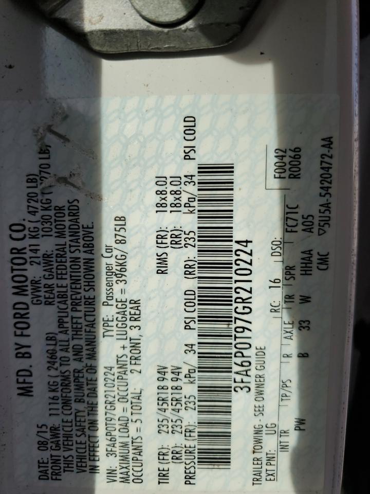 2016 Ford Fusion Se VIN: 3FA6P0T97GR210224 Lot: 91089785