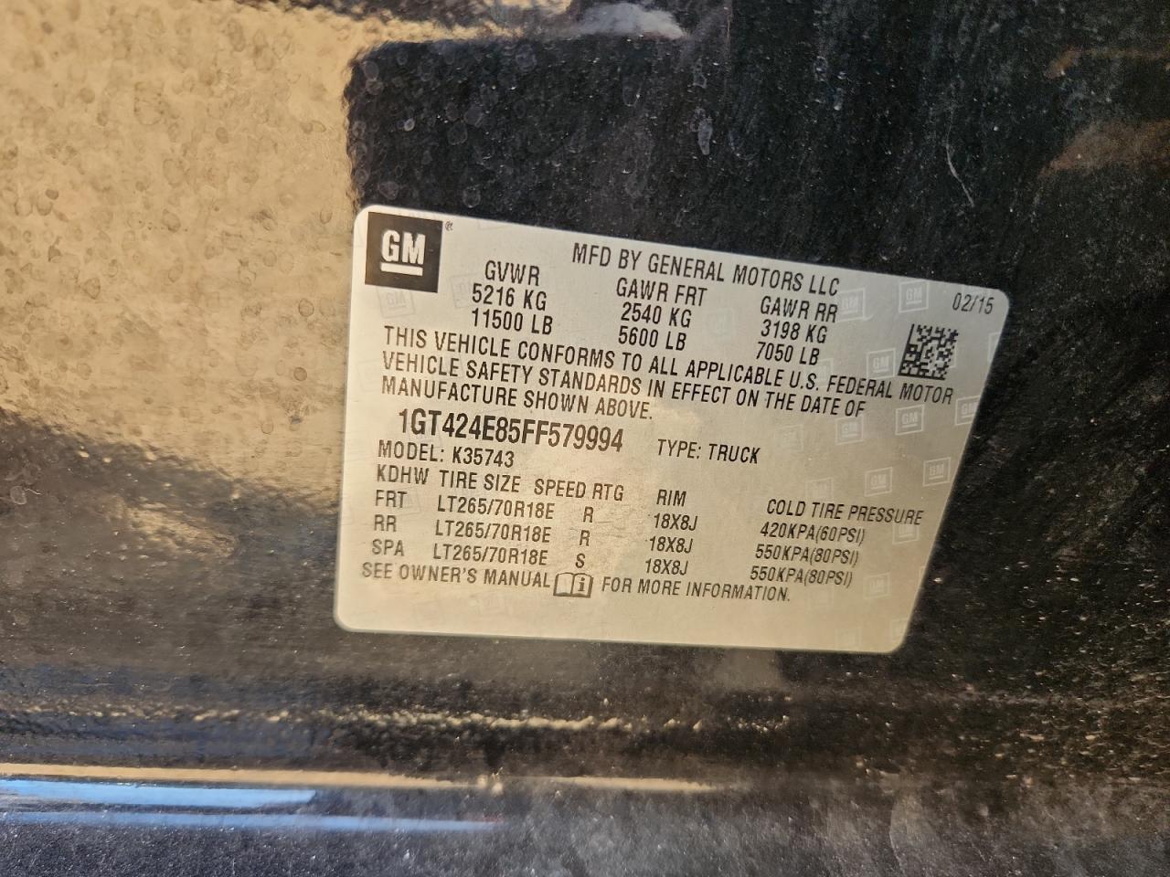 2015 GMC Sierra K3500 Denali VIN: 1GT424E85FF579994 Lot: 93127565