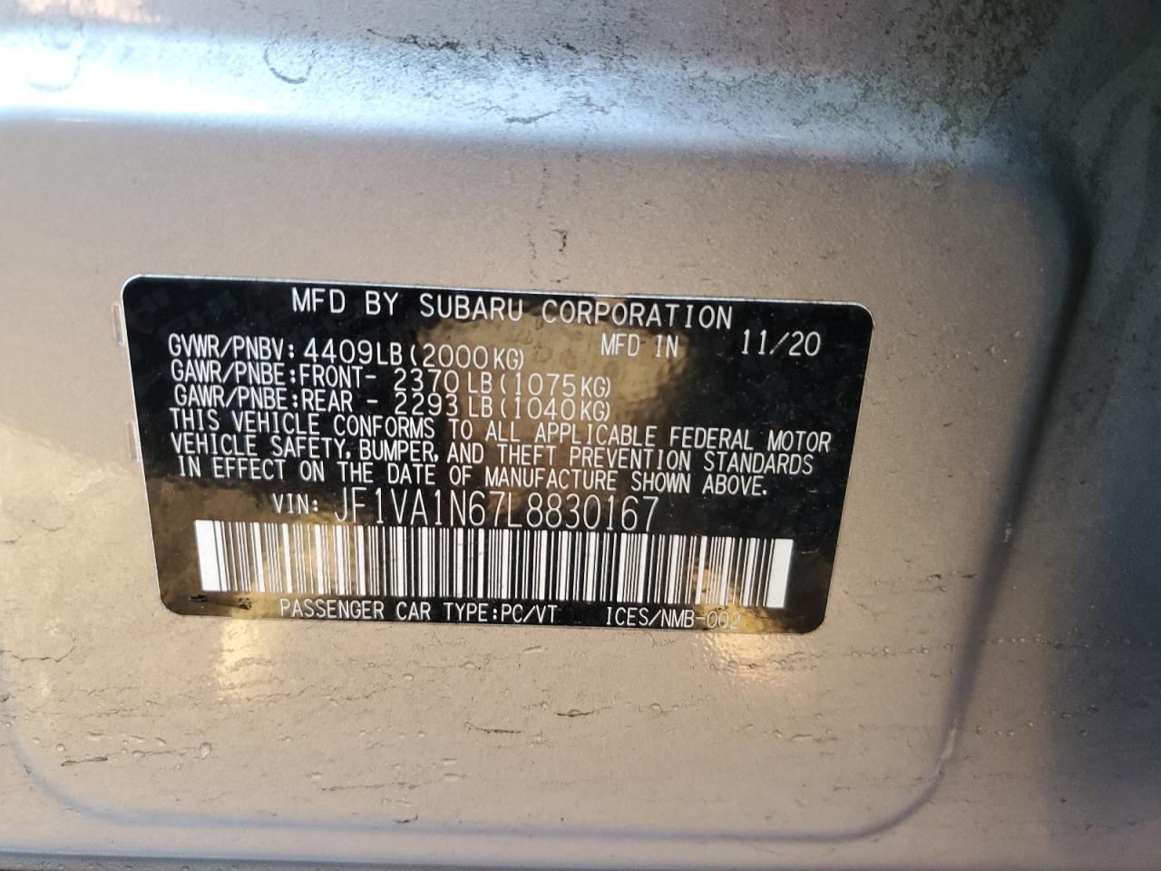 2020 Subaru Wrx Limited VIN: JF1VA1N67L8830167 Lot: 91742365