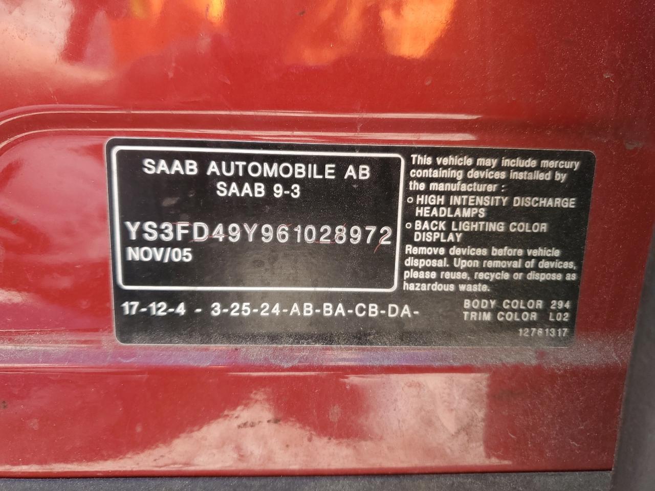 2006 Saab 9-3 VIN: YS3FD49Y961028972 Lot: 92263575