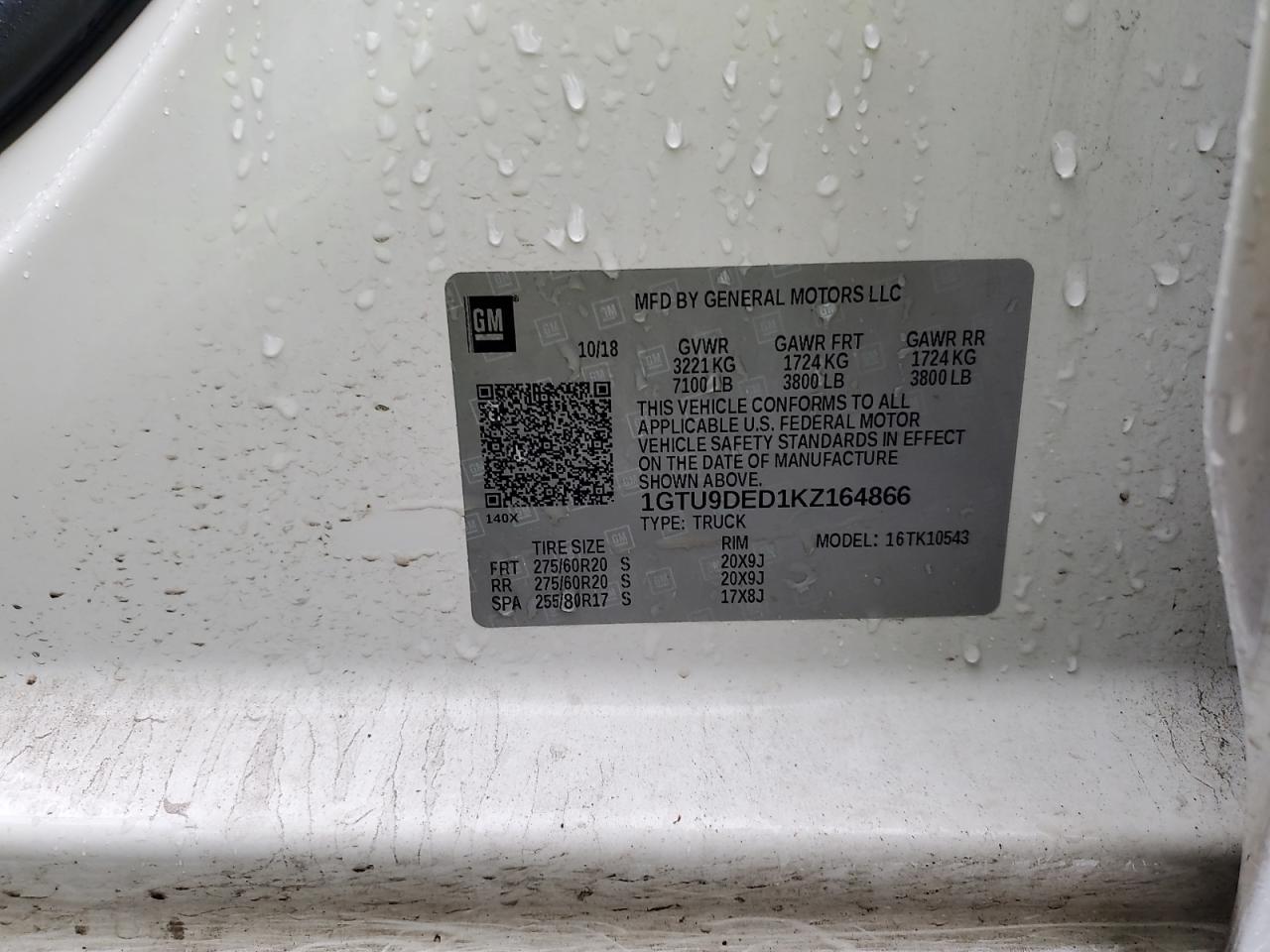 2019 GMC Sierra K1500 Slt VIN: 1GTU9DED1KZ164866 Lot: 91056065