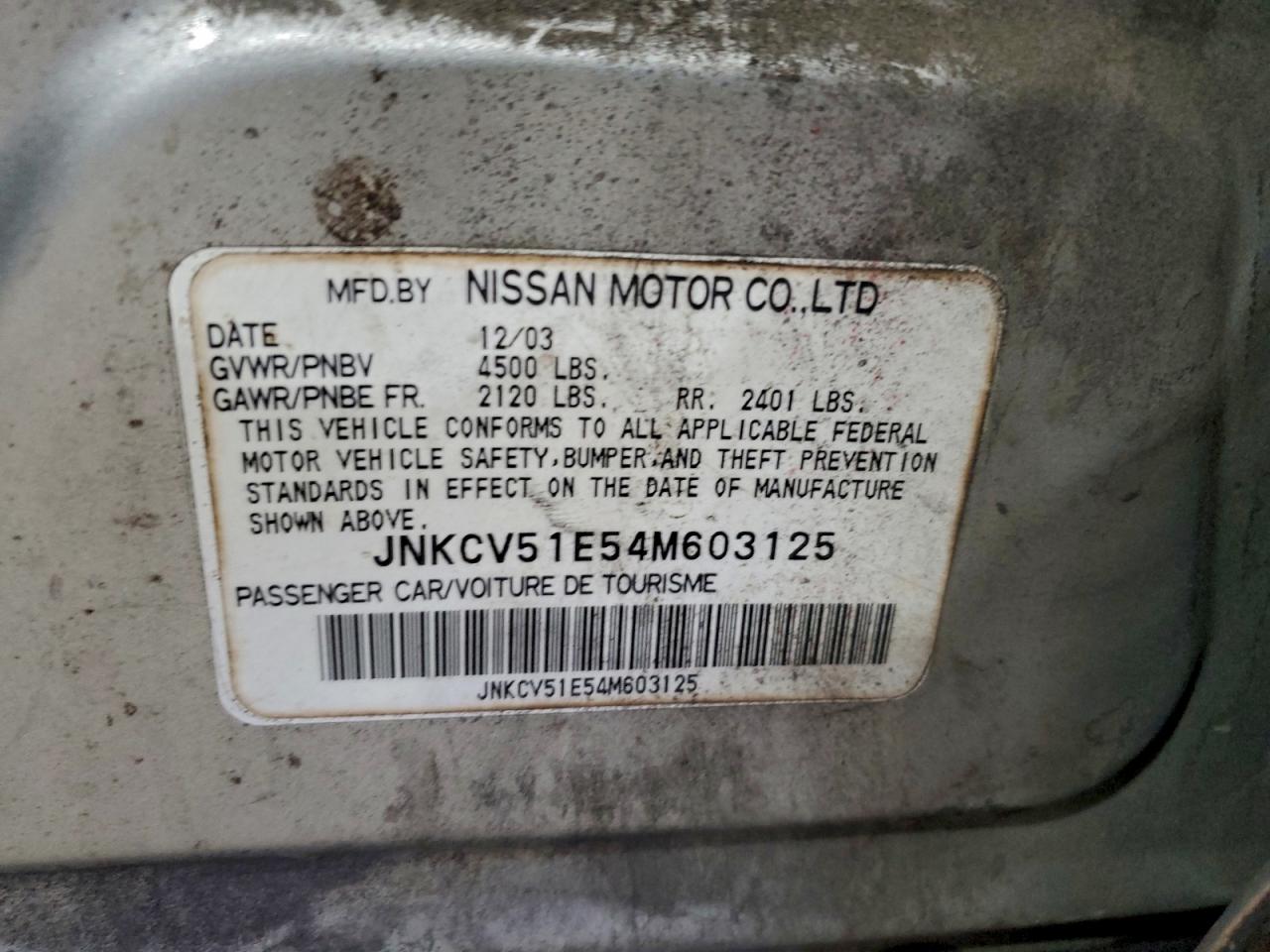 2004 Infiniti G35 VIN: JNKCV51E54M603125 Lot: 94043135