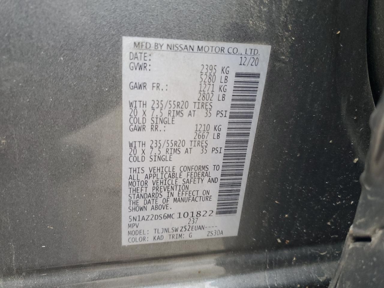 2021 Nissan Murano Platinum VIN: 5N1AZ2DS6MC101822 Lot: 91195675