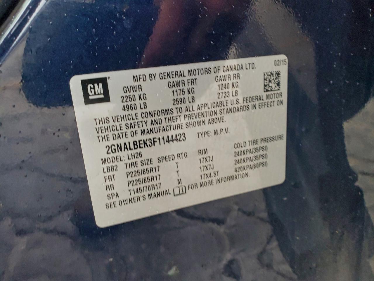 2015 Chevrolet Equinox Lt VIN: 2GNALBEK3F1144423 Lot: 94286185