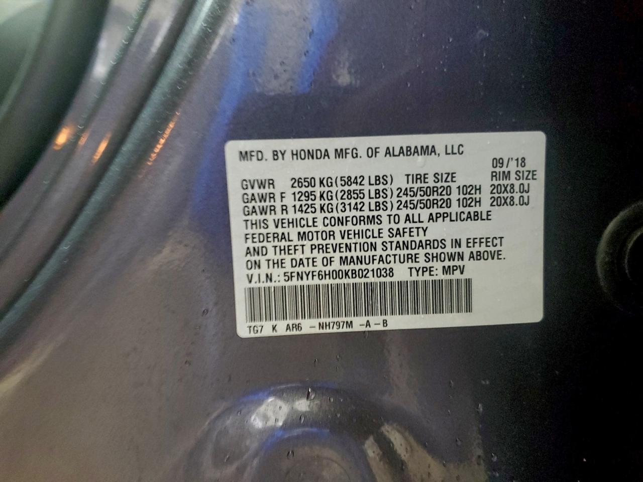 2019 Honda Pilot Elite VIN: 5FNYF6H00KB021038 Lot: 94557715