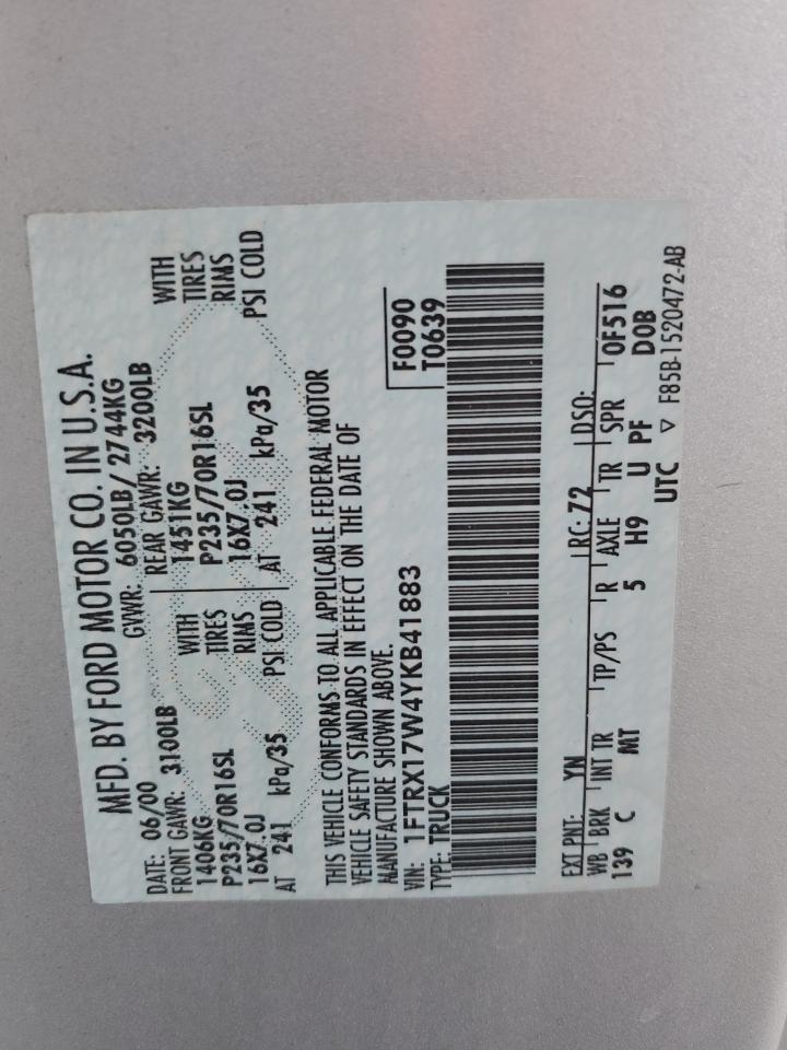 2000 Ford F150 VIN: 1FTRX17W4YKB41883 Lot: 92127065