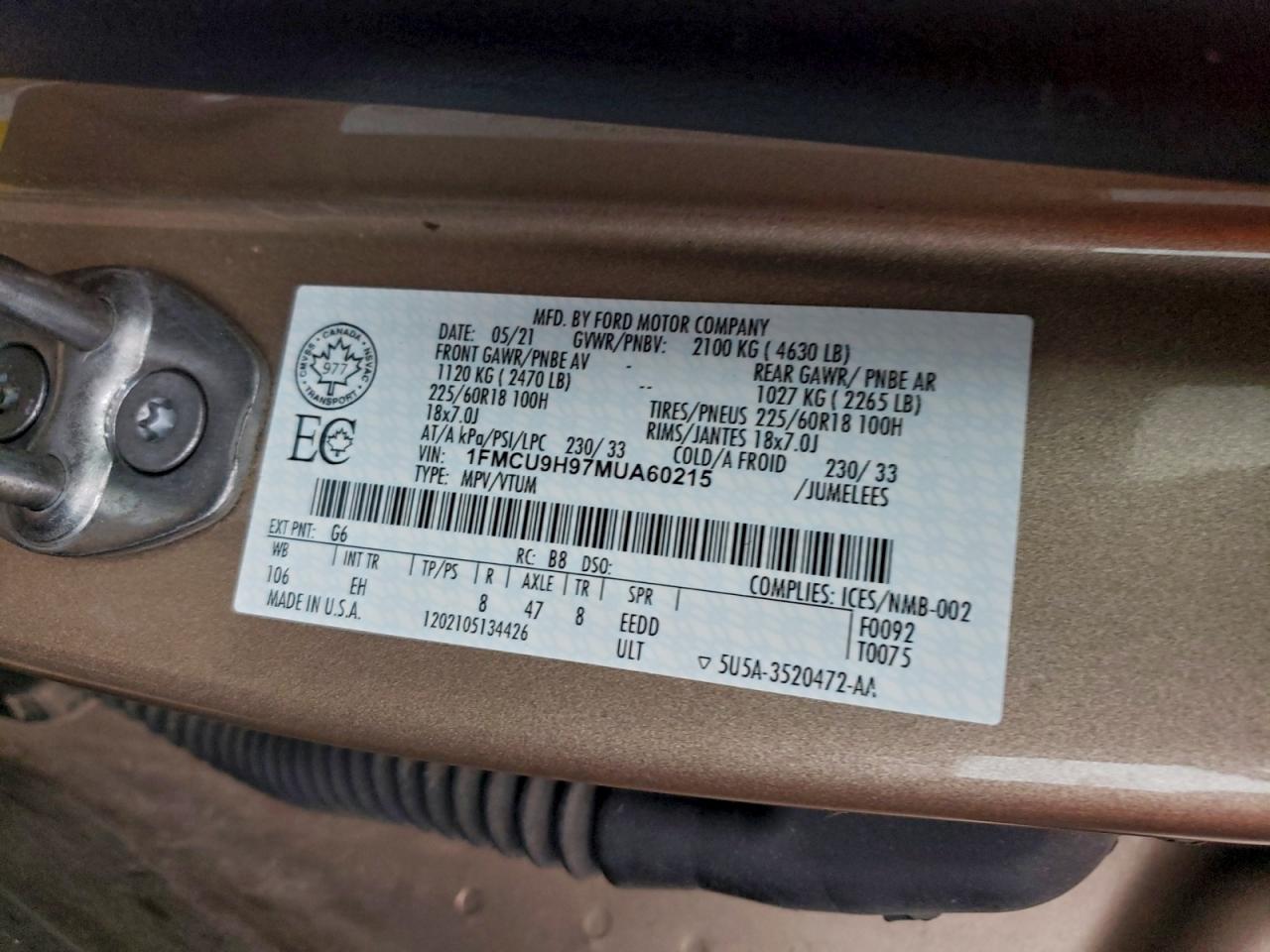 2021 Ford Escape Sel VIN: 1FMCU9H97MUA60215 Lot: 93916355
