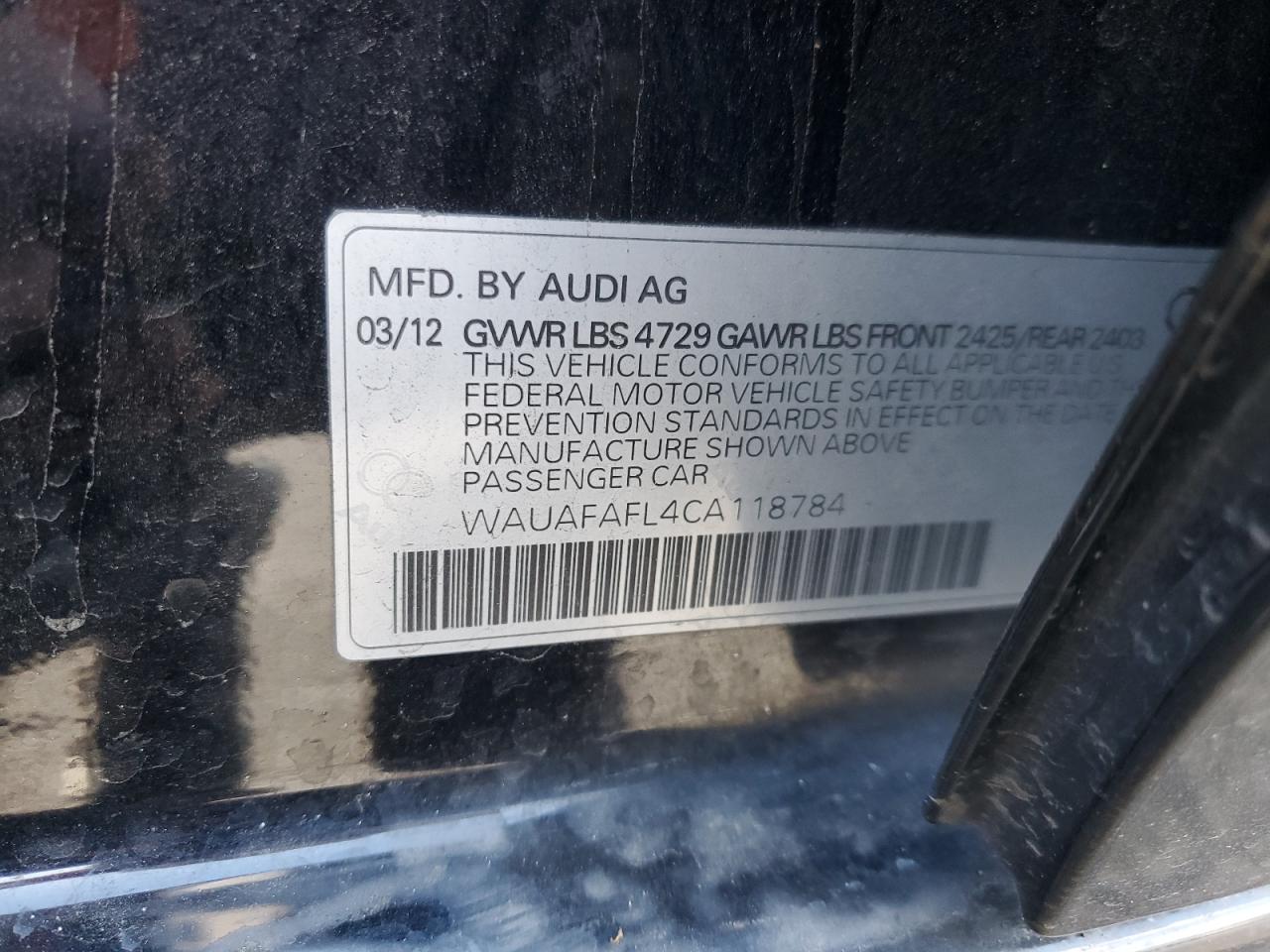 2012 Audi A4 Premium VIN: WAUAFAFL4CA118784 Lot: 93357015