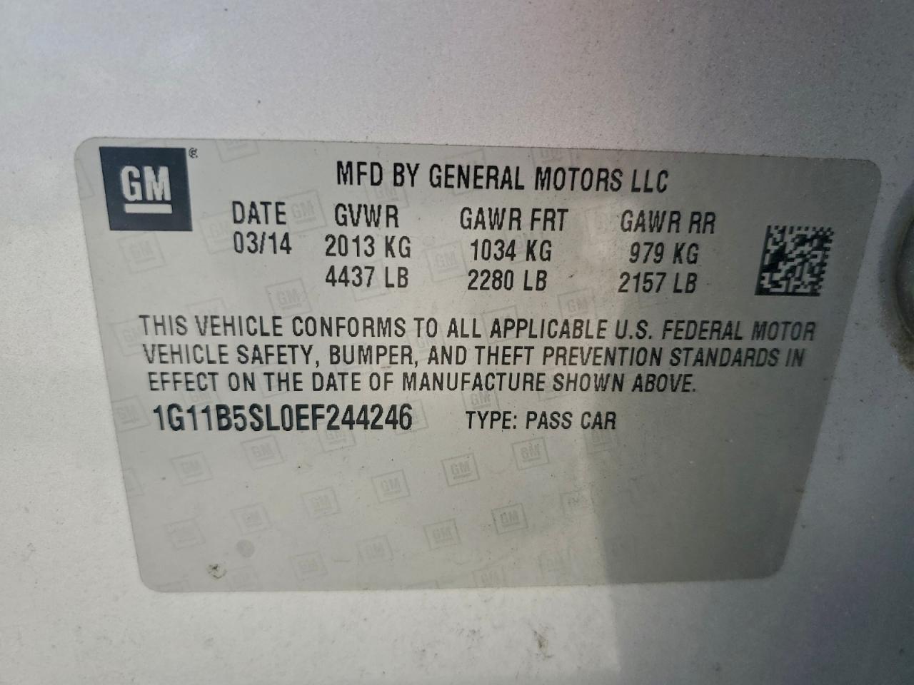 2014 Chevrolet Malibu Ls VIN: 1G11B5SL0EF244246 Lot: 93347675