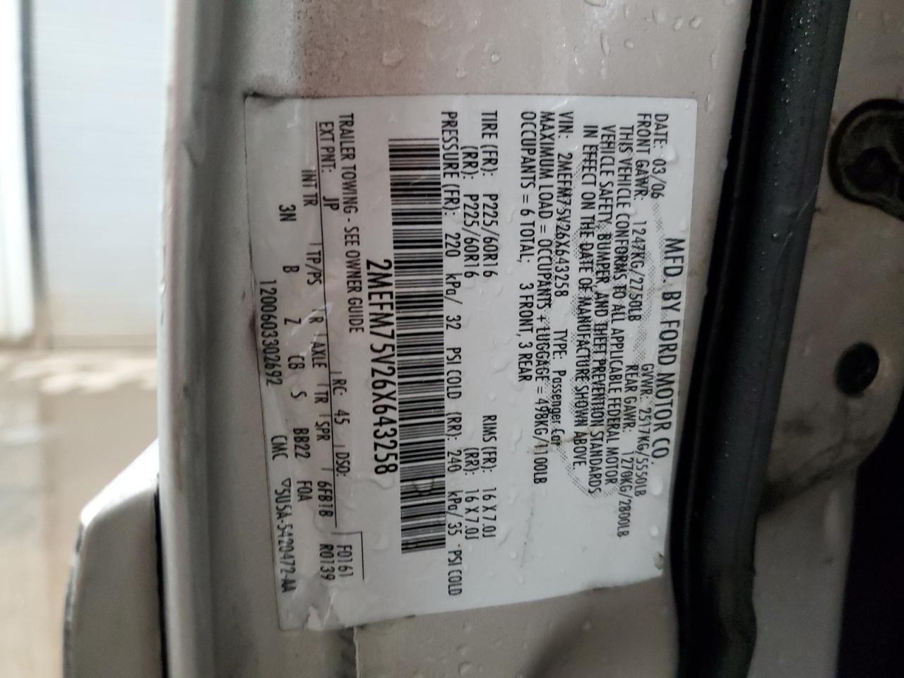 2006 Mercury Grand Marquis Ls VIN: 2MEFM75V26X643258 Lot: 93633505