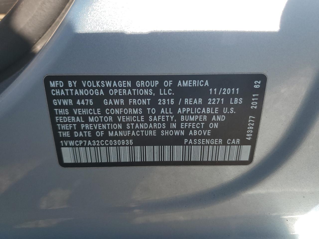 2012 Volkswagen Passat Sel VIN: 1VWCP7A32CC030935 Lot: 92632725