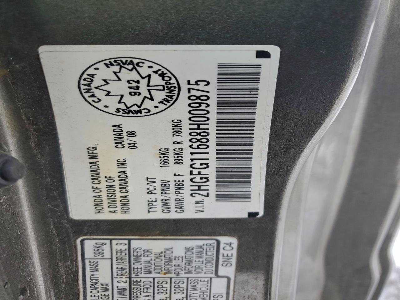 2008 Honda Civic Lx VIN: 2HGFG11688H009875 Lot: 94112905