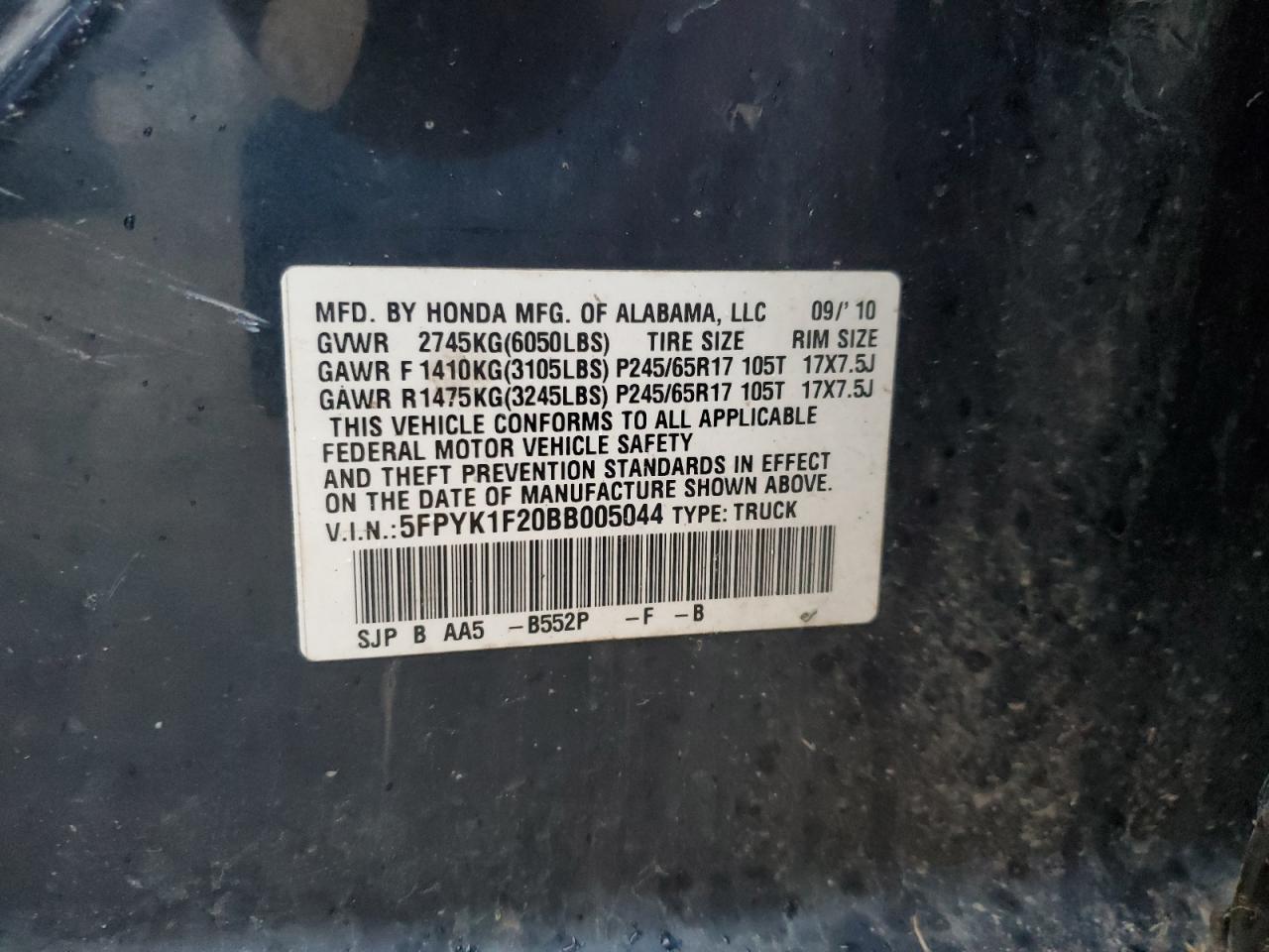 2011 Honda Ridgeline Rt VIN: 5FPYK1F20BB005044 Lot: 93155205