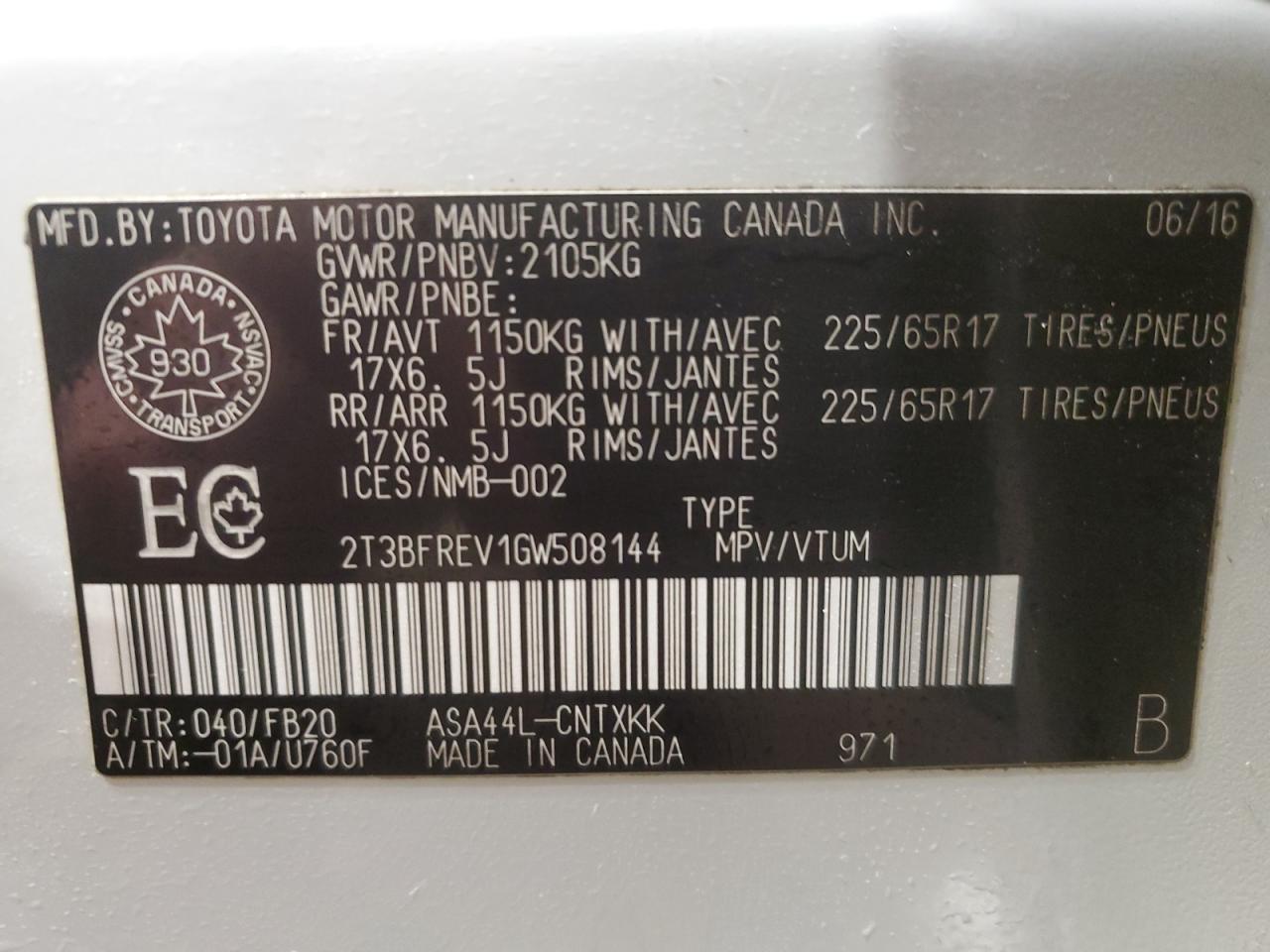 2016 Toyota Rav4 Le VIN: 2T3BFREV1GW508144 Lot: 90081345