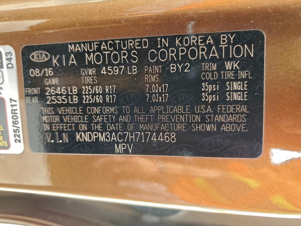 2017 Kia Sportage Lx VIN: KNDPM3AC7H7174468 Lot: 93555495