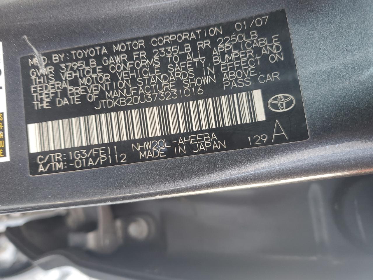 2007 Toyota Prius VIN: JTDKB20U373231016 Lot: 93626935