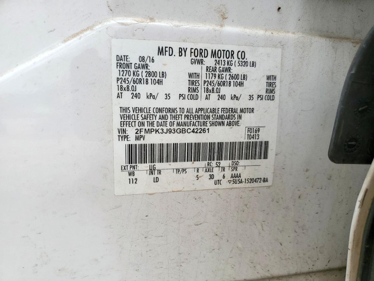 2016 Ford Edge Sel VIN: 2FMPK3J93GBC42261 Lot: 93428745