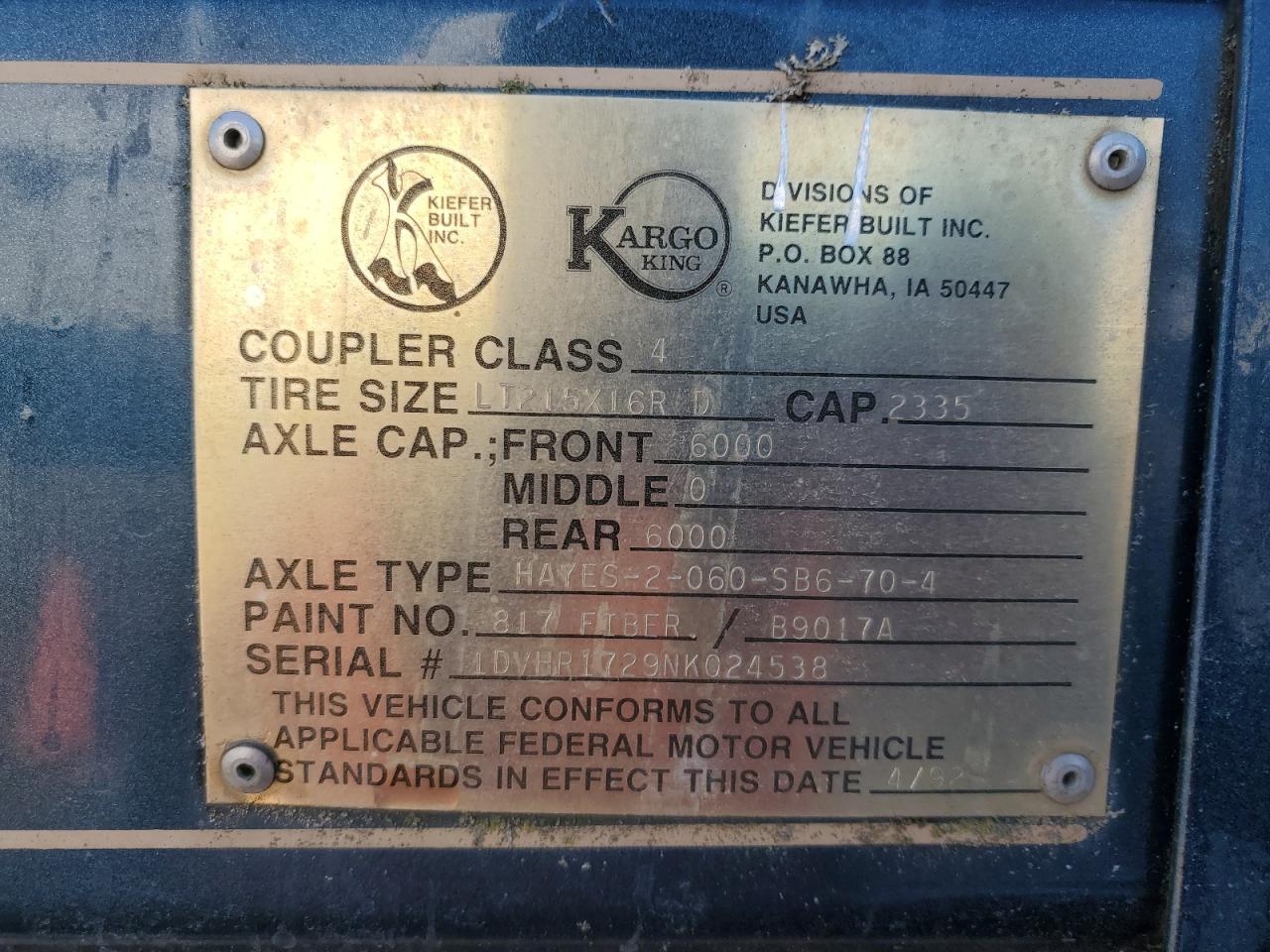 1992 Kief Unknown - Livestock Trailer VIN: 1DVHR1729NK024538 Lot: 91903245