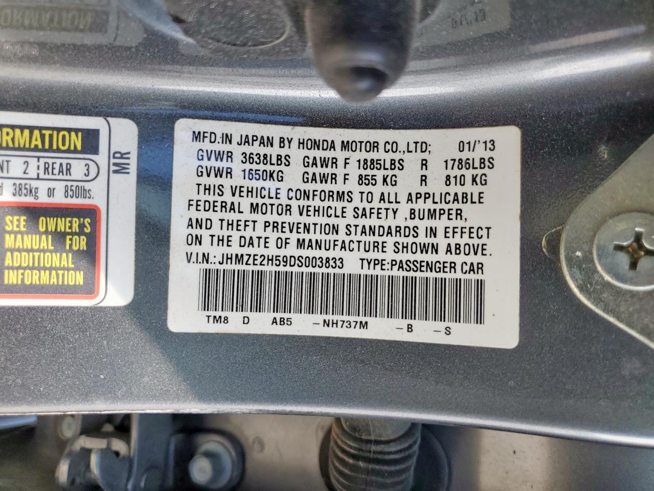 2013 Honda Insight Lx VIN: JHMZE2H59DS003833 Lot: 92709585