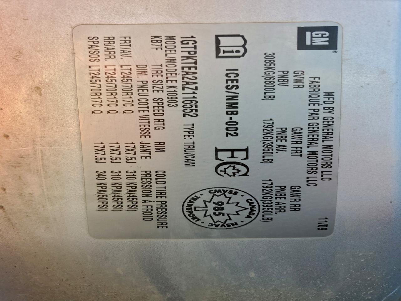 2010 GMC Sierra K1500 VIN: 1GTPKTEA2AZ116552 Lot: 93911985